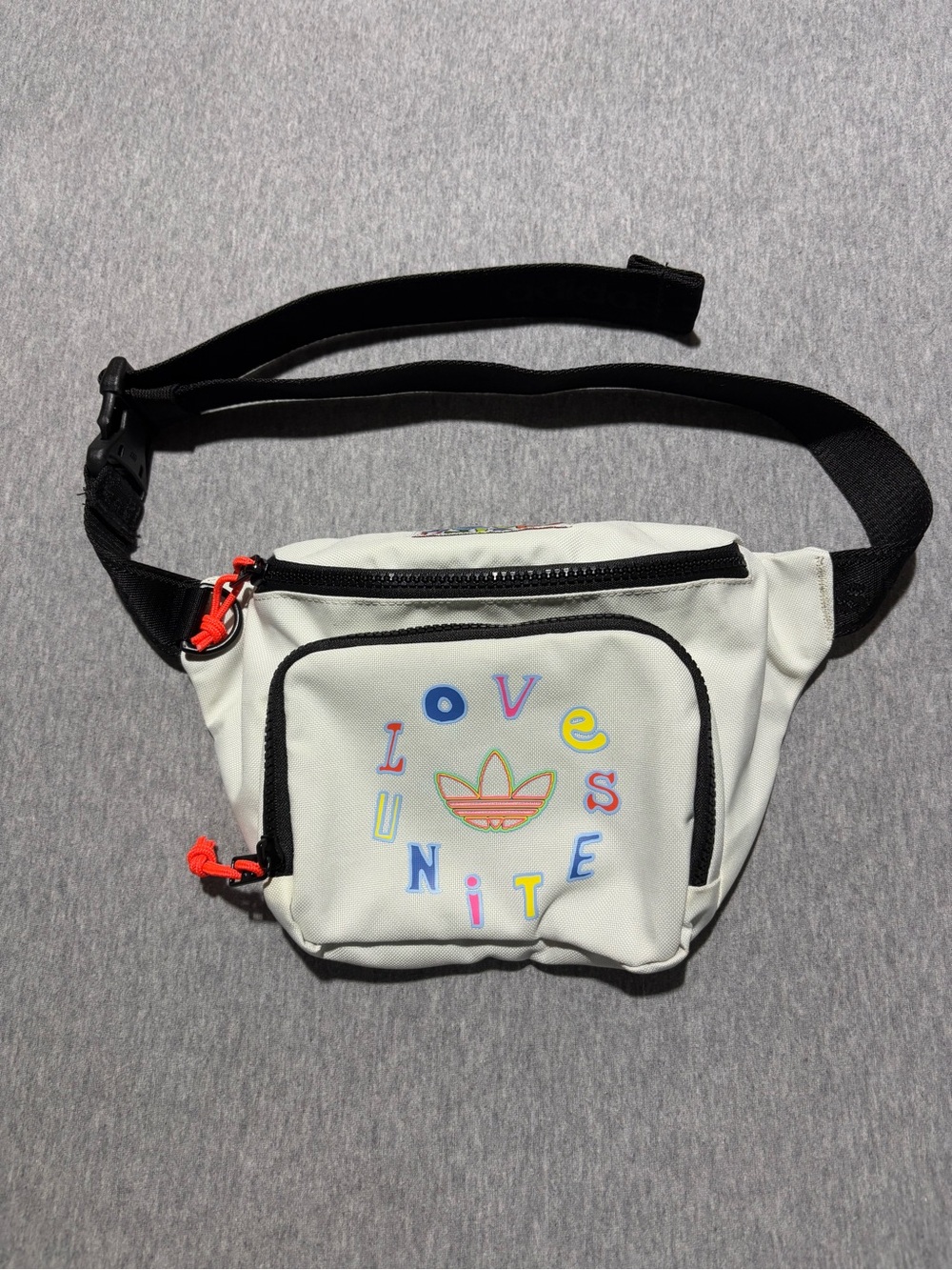 adidas Originals White Crossbody Belt Bag with Multicolor 'Loves Unite' Motif